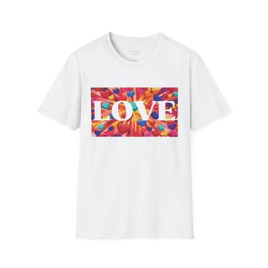 Love and Bursting Hearts Unisex T-Shirt, Romantic Couples Tee,  Heart Pattern Graphic Tee, Anniversary Present