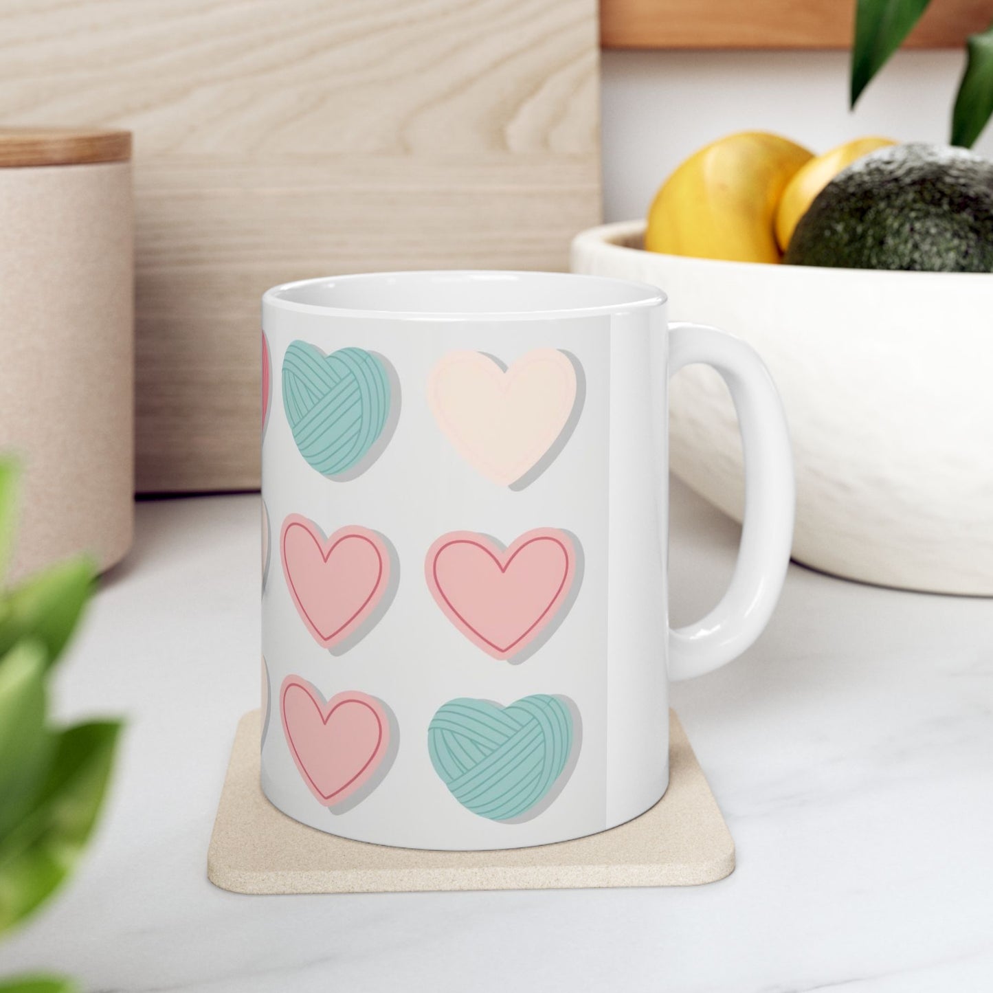 Yarn Hearts Ceramic Mug, Knitting Coffee Cup, Craft Lover Tea Mug, Mother's Day Present, Crocheting Hot Beverage Cup