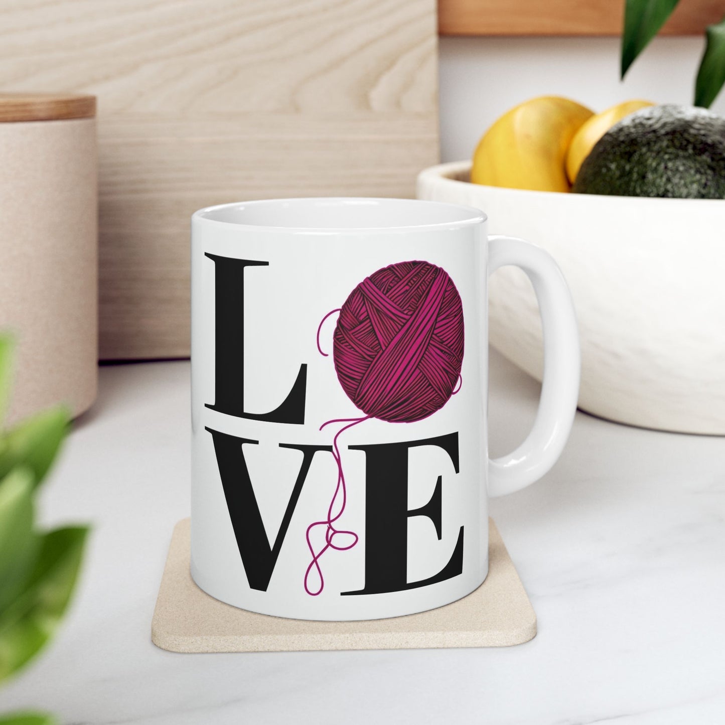 Love Yarn Ceramic Mug, Knitting Coffee Cup, Crafting Tea Mug, Cozy Crochet Mug, Handmade Gift Idea