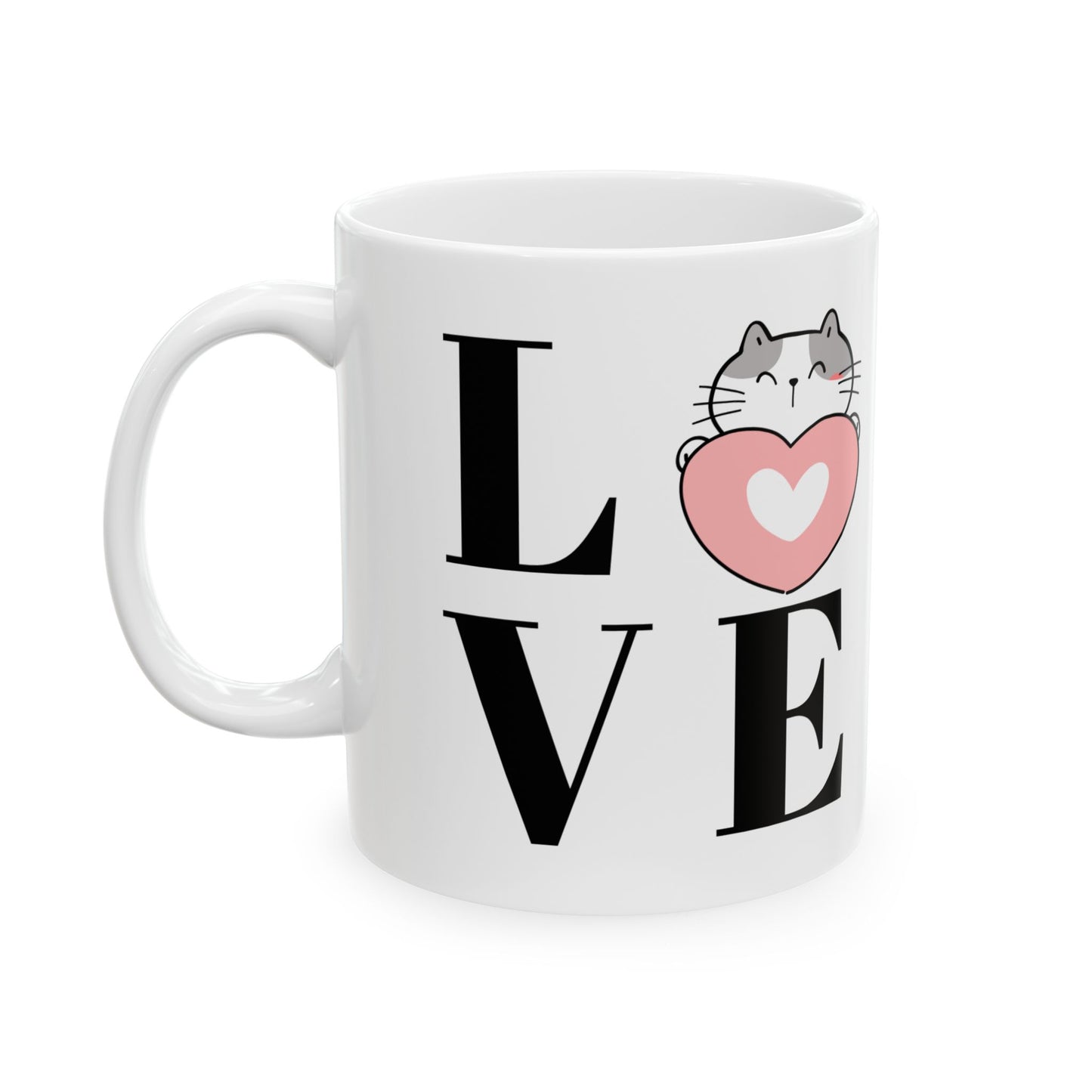 Cat Love Ceramic Mug, Kitty Heart Mug, Animal Lover Gift, Cute Coffee Cup, Pet Owner Gift,