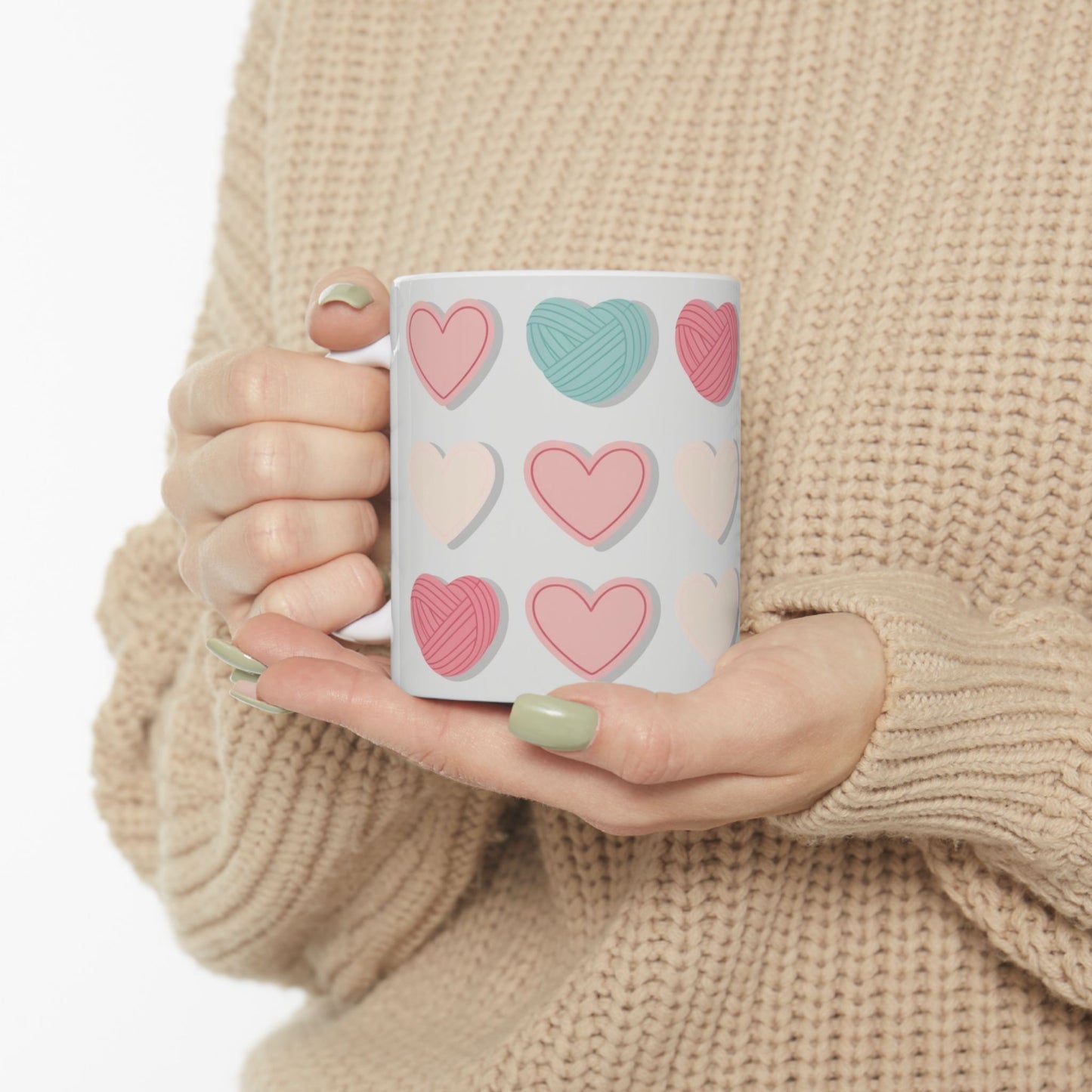 Yarn Hearts Ceramic Mug, Knitting Coffee Cup, Craft Lover Tea Mug, Mother's Day Present, Crocheting Hot Beverage Cup