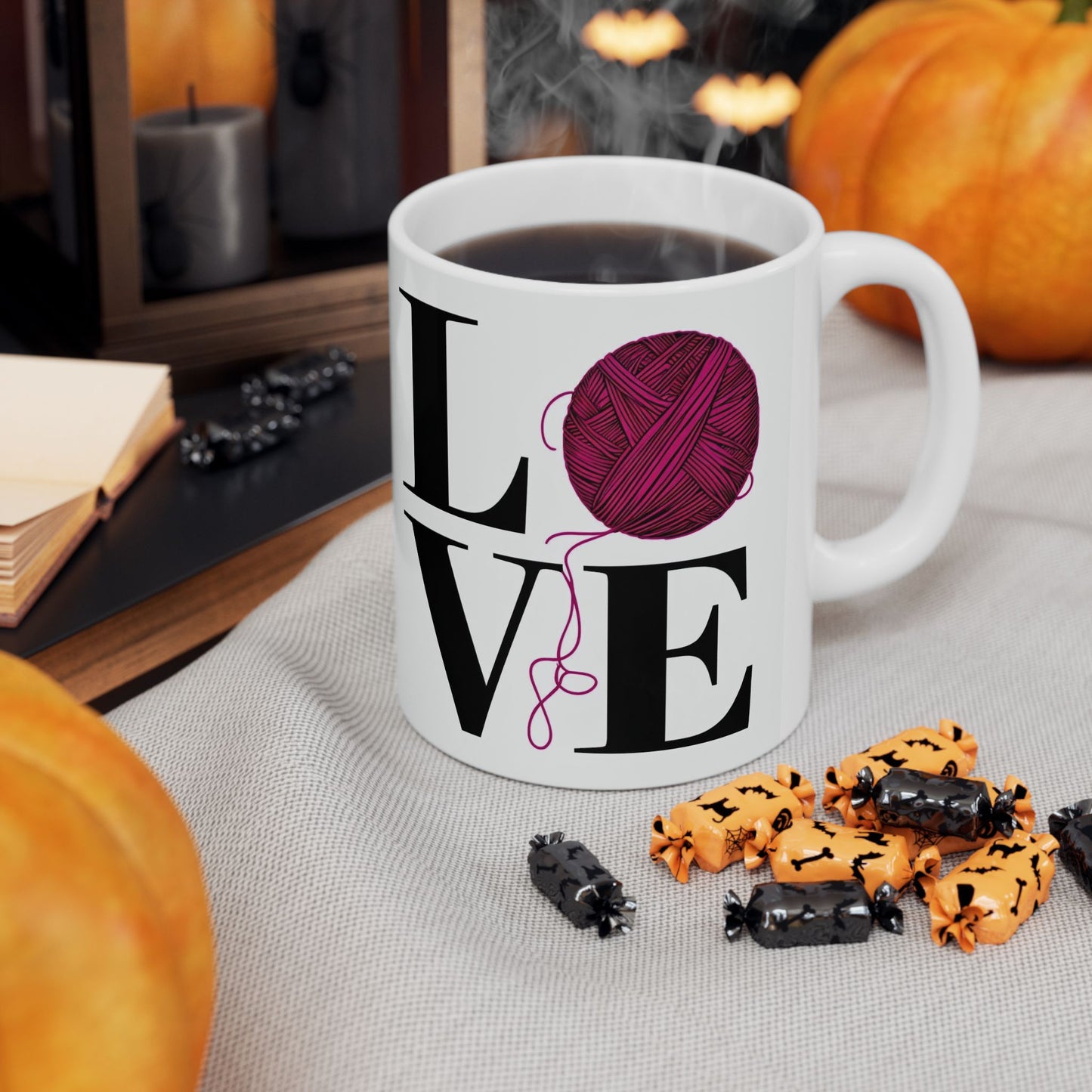 Love Yarn Ceramic Mug, Knitting Coffee Cup, Crafting Tea Mug, Cozy Crochet Mug, Handmade Gift Idea