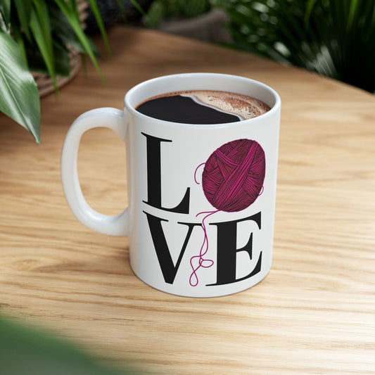 Love Yarn Ceramic Mug, Knitting Coffee Cup, Crafting Tea Mug, Cozy Crochet Mug, Handmade Gift Idea